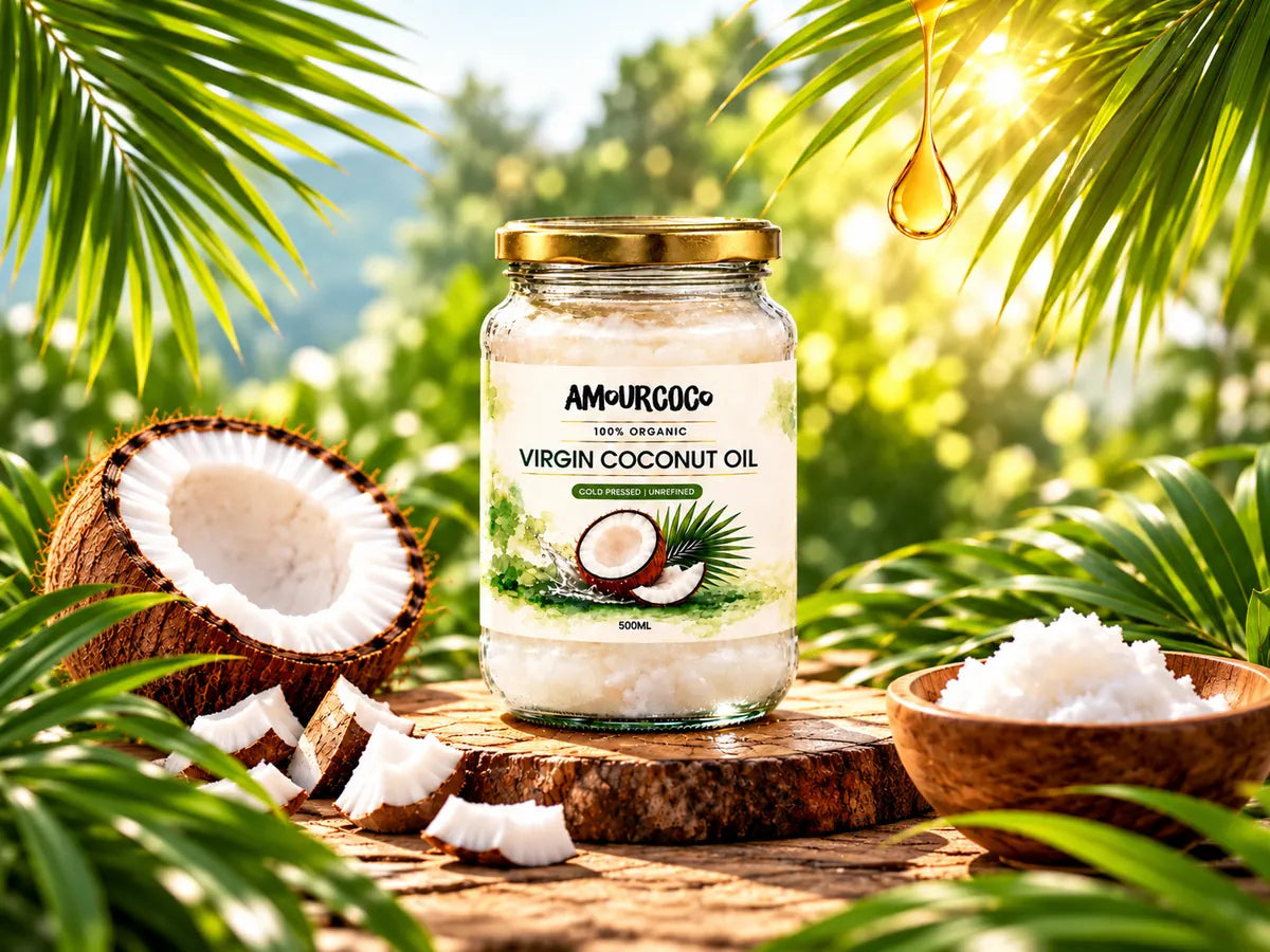 A jar of AmourCoco organic virgin coconut oil next to fresh coconut