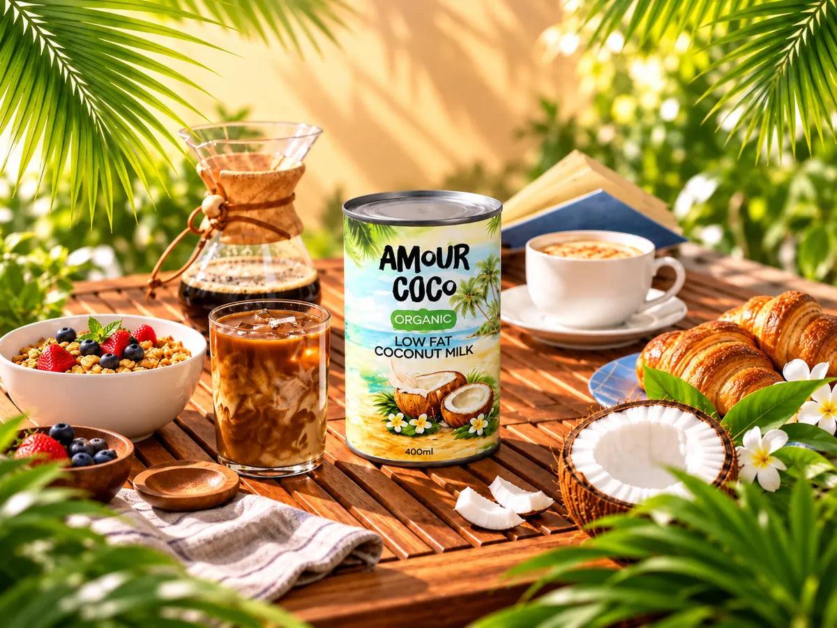 Three tins of AmourCoco organic low fat coconut milk