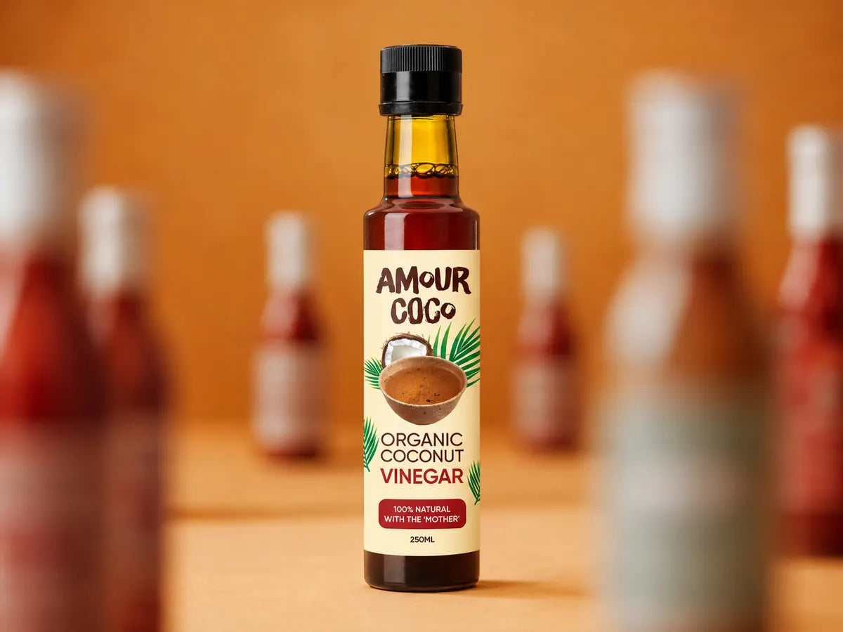 A bottle of AmourCoco organic coconut vinegar